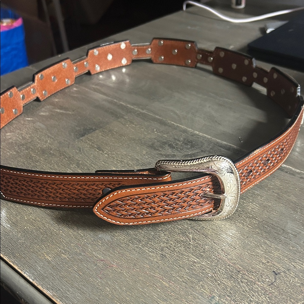 Brown Leather Men's Belt with Silver Buckle & Silver Western Accents‎